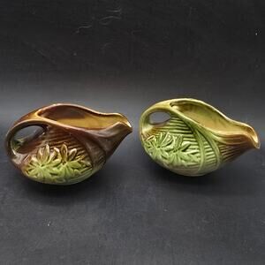 McCoy Green Brown Daisy Creamers Pair of Two Vintage USA Pottery